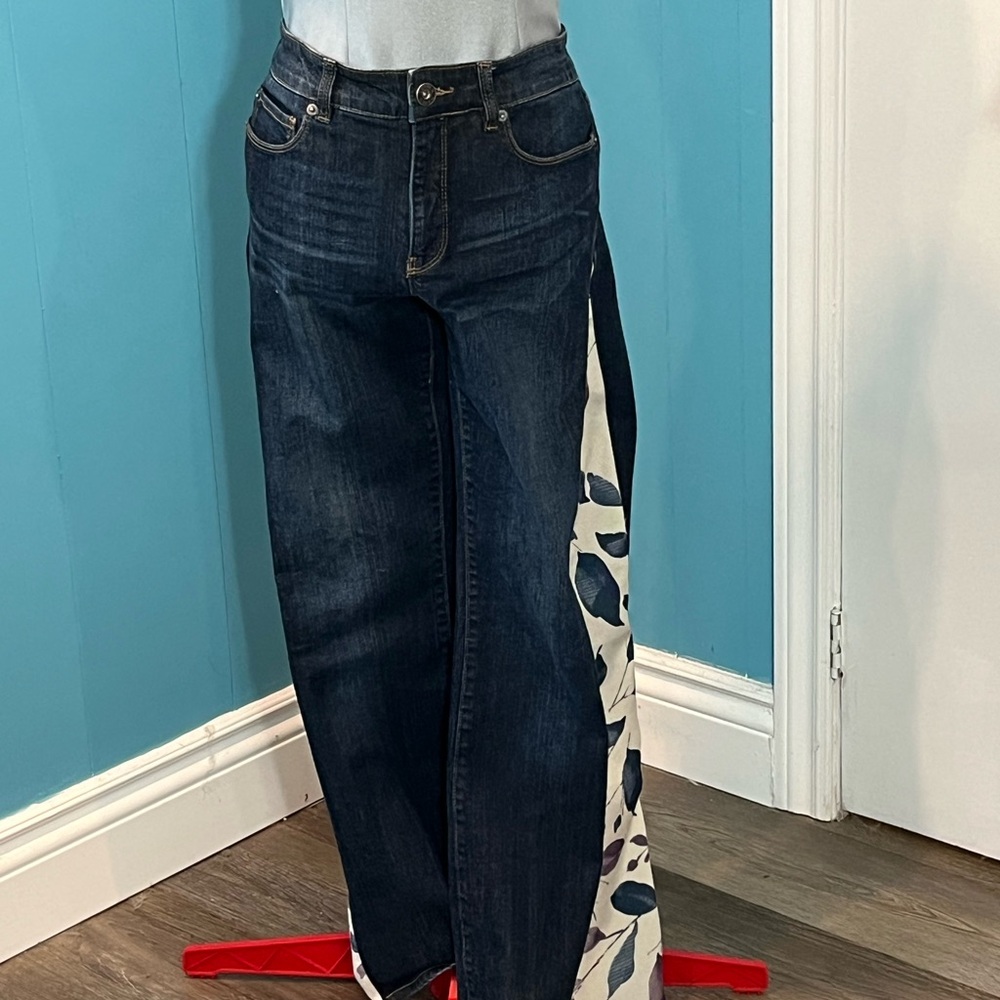 Upcycled  Denver Hayes Dark Blue Flare Jeans with Leaf Print